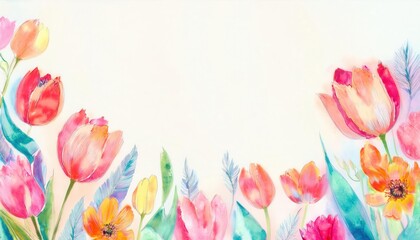 Obraz premium Hand Painted Watercolor Tulips and Spring Flowers Border in Bright Pastel Hues Featuring Red, Purple, Yellow, and Pink Blooms with Delicate Green Foliage. Seasonal Invitations, Greeting Cards, Digital