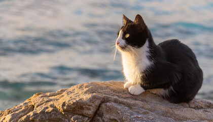 Black and White Cat Sitting on Rock Near Water and Copy Space