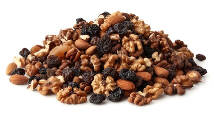 Obraz premium A pile of mixed dry fruits including walnuts, raisins, and almonds, scattered on a white background.