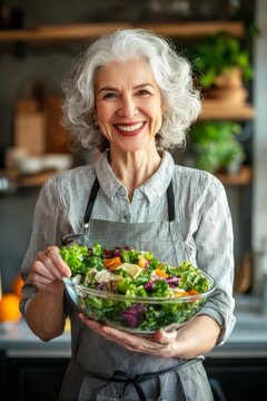 Joyful Caucasian woman in an apron proudly holds a fresh salad in a bright kitchen.