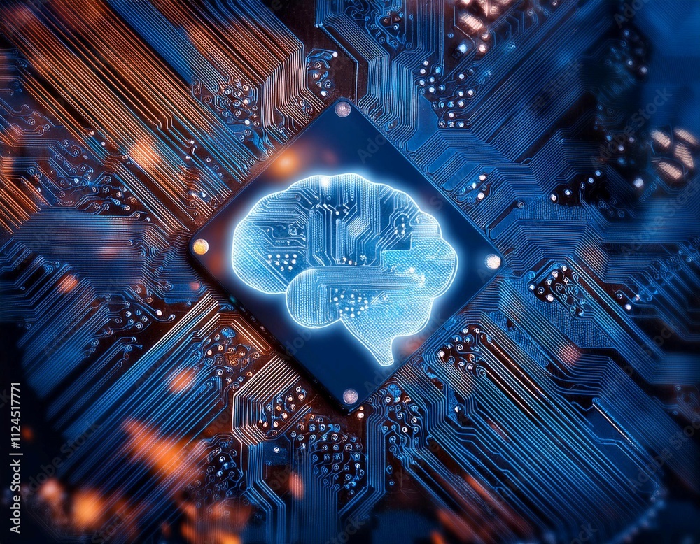 Poster intricate circuit board with illuminated brain symbol representing artificial intelligence technolog