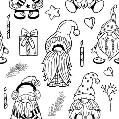 Fototapeta premium Seamless festive pattern with dwarfs and holiday elements