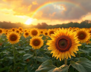 Fototapeta premium Magical Sunflower Field with Rainbow Arching Over Serene Rural Landscape