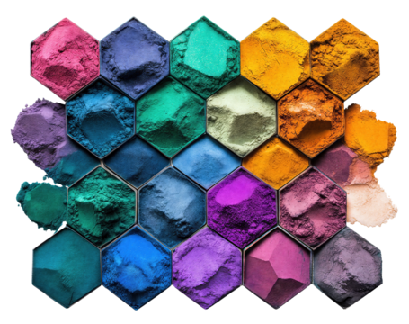 Hexagonal arrangement of vibrant Holi powders