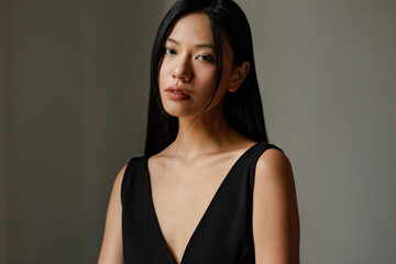 Fototapeta premium 黒いドレスを着た若い女性の雰囲気のあるポートレート