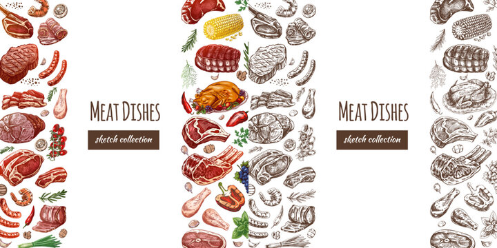 Sketch meat dishes collection for card and template design projects