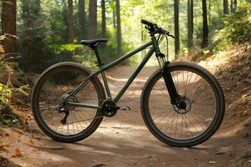 Fototapeta premium Modern green mountain bike standing on a sunny trail in the woods, promoting cycling and outdoor adventures