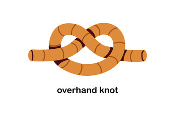 Overhand thumb knot tied with rope. Simple reliable stopper for binding, connection, safety. String, cord, wire with intertwined loops. Flat vector illustration isolated on white background