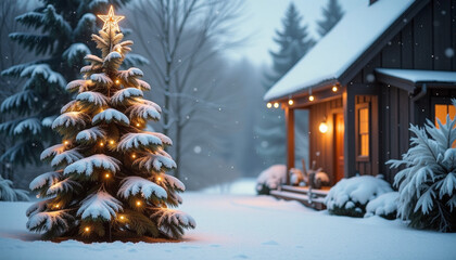 Fototapeta premium Snowy Christmas Tree and Cabin