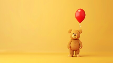 A brown teddy bear with a red balloon on a yellow background.