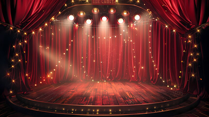 The Grand Stage Awaits: A dramatic backdrop of rich red velvet curtains and warm spotlights sets the stage for an unforgettable performance. Perfect for showcasing talent, creativity.