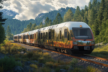 Obraz premium Colorful regional train travels through a picturesque mountain valley, showcasing sustainable transportation amidst nature