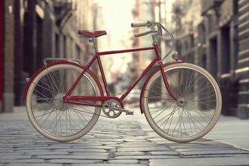 Fototapeta premium Classic red bicycle parked on a cobblestone street in a blurred European city, evoking a nostalgic and vintage atmosphere