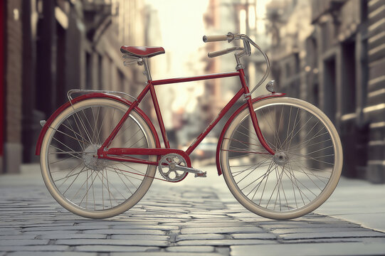 Classic red bicycle parked on a cobblestone street in a blurred European city, evoking a nostalgic and vintage atmosphere