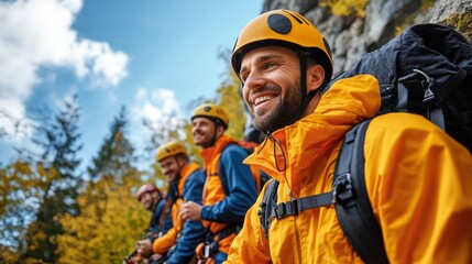 Fototapeta premium Group of smiling climbers wearing helmets and outdoor gear enjoying adventure in scenic mountain landscape