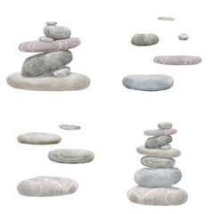 Balance pyramid of stones for meditation with pink lotus flower and sea pebbles in a set. Watercolor digital illustration. Stacked pebbles, isolated on white background. Harmony and sea concept