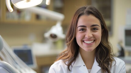 Fototapeta premium A young woman in a white coat smiles at the camera.