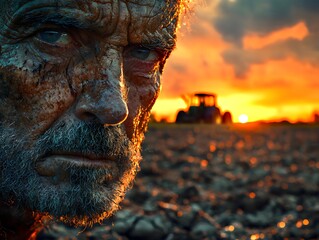 Close-up of an elderly farmer amidst a drought field with a tractor and sunset in background, highlighting concerns about the impact of drought and climate change on agriculture.