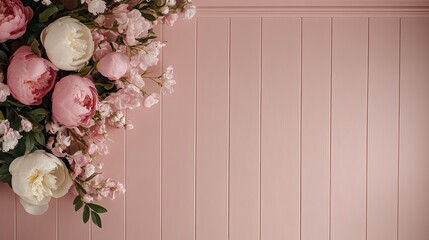 Delicate pink and white peonies elegantly spread across a soft pink background, perfect for design and creative use.