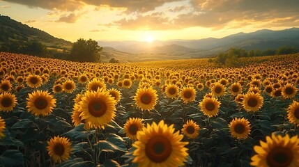 Obraz premium Vast Sunflower Field Swaying in the Wind Under Soft Pastel Sky at Dawn