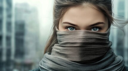 Fototapeta premium girl with a gag in her mouth as a symbol of censorship. Silence of issues of discrimination. Woman victim with black scotch and closed pose. Concept of slavery, violence,childish harassment