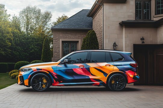 Colorful, abstract wrap design displayed on a luxury suv parked in the driveway of a modern house, showcasing car customization and high end living