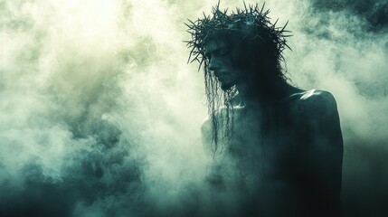 Dramatic Silhouette of Jesus Christ with Crown of Thorns Backlit in Soft Light