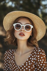 Fototapeta premium woman in a brown polka dot dress with white sunglasses and a straw hat, in a retro-style fashion photography