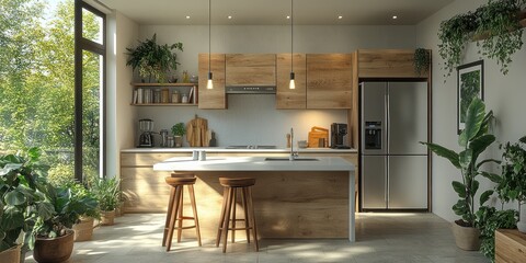 Sunlit modern kitchen with island, wooden cabinets, and abundant indoor plants.