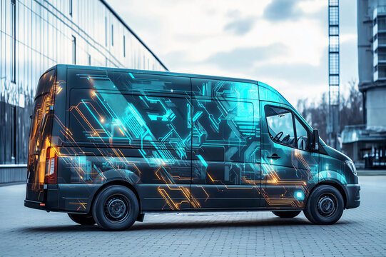 Modern delivery van with a customizable vinyl wrap featuring a circuit board design, parked near a modern office building, showcasing branding and logistics