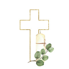 Golden Cross with a white church candle and green eucalyptus branch Watercolor religious hand drawn illustration. Gold framed cross silhouette Clipart for christening, wedding Isolated from background
