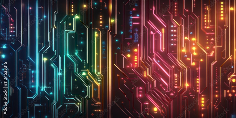 Aufkleber Abstract Circuit Pattern Design with Colorful Neon Gradient and Glowing Effects