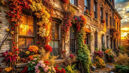 Fototapeta premium Urban decay whispers of Thanksgivings past, amidst fallen flowers, spilled grain, and crumbling walls.