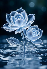 Delicate ice roses emerge from the water. The ethereal beauty of the frozen blooms creates a captivating scene.