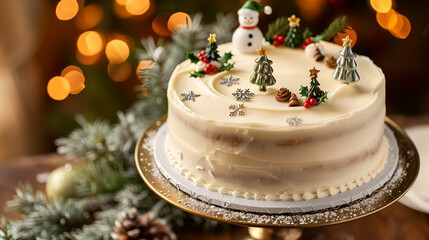 Fototapeta premium A cozy, festive Christmas cake with smooth white icing, decorated with tiny snowmen, evergreen trees, and silver snowflakes.
