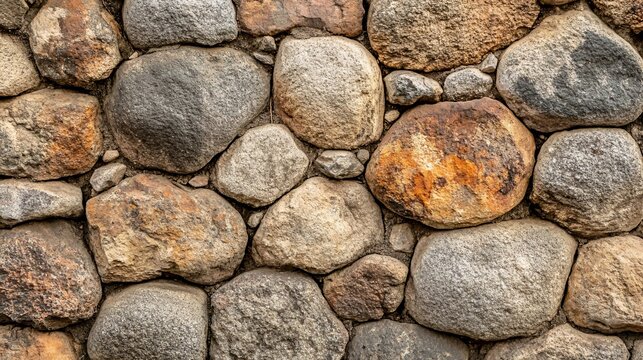 A textured wall of rounded stones various shades of brown and grey