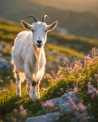 Obraz premium farm goat grazing, little goat in chamomile, goat walking in meadow, baby goat on farmland, rural goat field, chamomile meadow with goat, goat eating in pasture, young goat walking, goat amidst wildfl