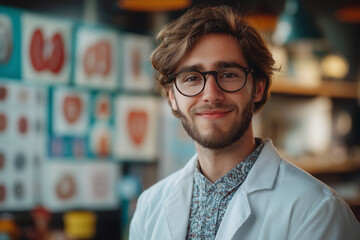 Fototapeta premium Young man in lab coat smiles inside modern laboratory space. Generative AI