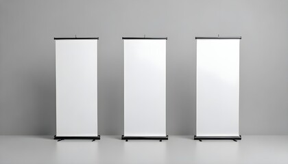 Three blank white roll-up banners on a gray background