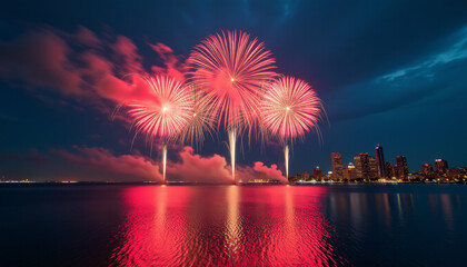 Vibrant Fireworks Over City Skyline at Night
