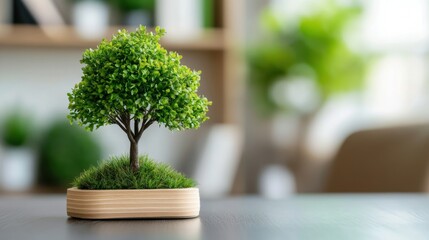 Lush Green Miniature Tree in Decorative Planter on Wooden Surface with Blurred Background of Indoor Plants, Home Decor for Nature Lovers and Interior Design Enthusiasts
