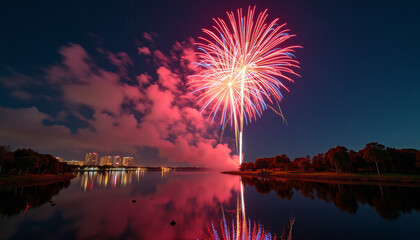 Vibrant Fireworks over a City Lake at Night
