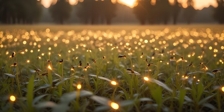 A field of glowing fireflies or lightning bugs against a blurred golden sunset background with sparkling bokeh effects