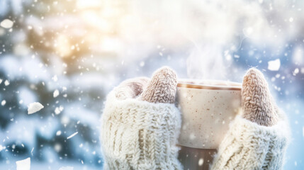 Cozy hands in knitted gloves holding a warm cup of steaming beverage in a snowy setting