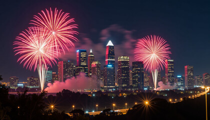 Pink Fireworks over a City Skyline at Night