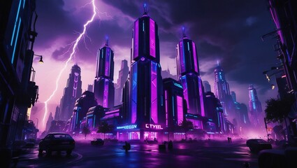 cyberpunk night city in storm