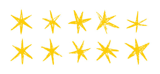 Grunge hand drawn yellow stars brush strokes and spray paint. Doodle star texture graffiti elements. Vintage ink stars