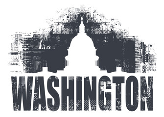 Vector banner or card with US Capitol Building in Washington DC  in art grunge background of spots and geometric shapes from elements of big city architecture. suitable for logo, t-shirt design. © paseven