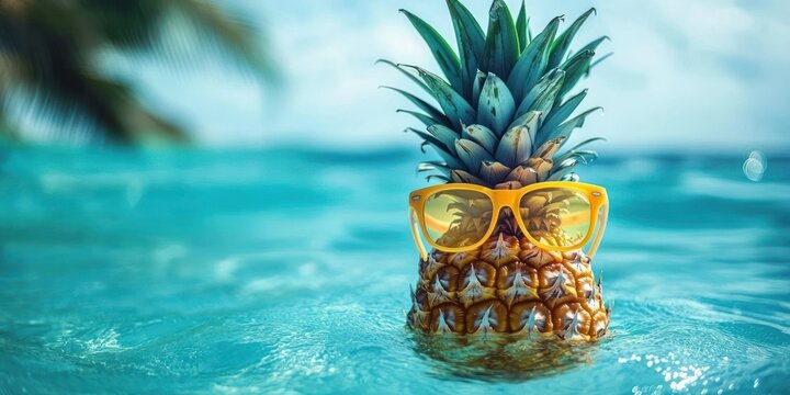 Whimsical Pineapple in Sunglasses Floating in Turquoise Water on Tropical Beach Summer Vibes
