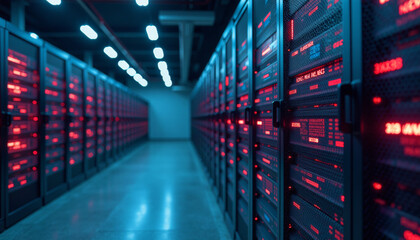 Massive Data Center with Glowing Servers